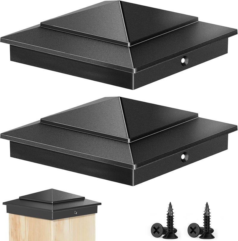 toscoco 6" x 6" Aluminum Pyramid Post Caps Fits Actual 5.5" x 5.5" Wood Posts – 2-Pack, Unbreakable Black Powder Coating for Outdoor Fences, Decks, and Mailbox Post - Image 1